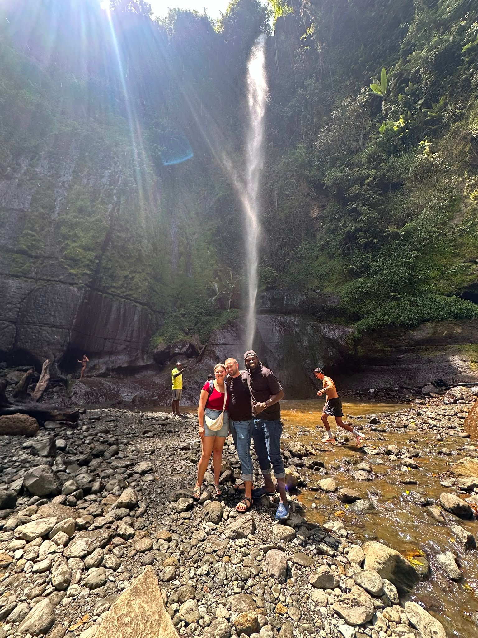 Tourists Visiting Tall Waterfall Day Trip Tanzania